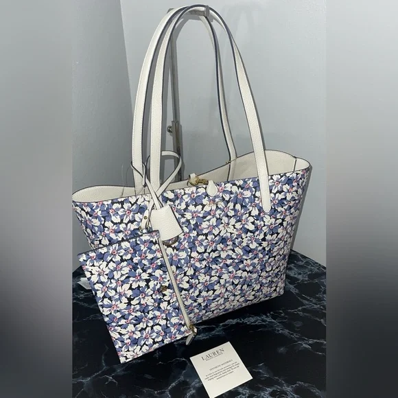 LAUREN RALPH LAUREN Bag Leather Print Tote Purple Vanilla/Breeze Floral w Pouch - Picture 5 of 14